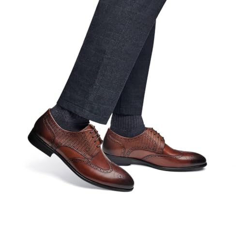 Image of Men's Dress Shoes, Genuine Leather Oxford Shoes for Men, Wingtip Brogue and Plain Toe Lace Up Formal Business Wedding Derby Shoes
