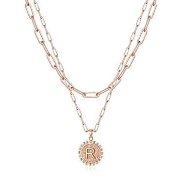 AMAZON - Ursteel Layered Initial Necklaces for Women, Rose Gold Necklace With Letter R Initial Layered Paperclip Chain Necklaces Coin Pendant Necklaces Initial Necklaces for Women Girls Jewelry Gifts