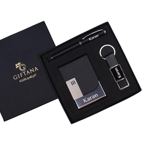 Giftana Personalized Card Holder with Pen, Keychain with Name, 3 in 1 Customized Pen, Card Holder, Keychain Gift Set, Personalised Gifts for Husband, Diwali Corporate Gifts for Employee (Black)