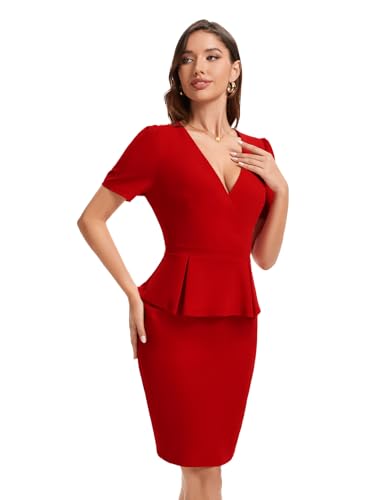 Image of Bbonlinedress Women's Work Bodycon Dress Sheath Pencil Church Business Office Peplum Suit Dresses with Short Sleeve