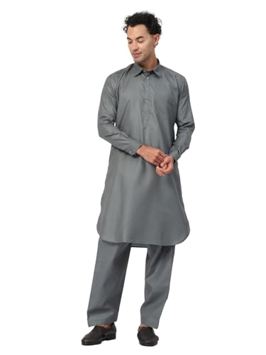 Image of Men's Traditional Pathani Kurta Salwar Set, Red, Long Sleeve, Collared Neck, Cotton Blend, Ethnic Wear