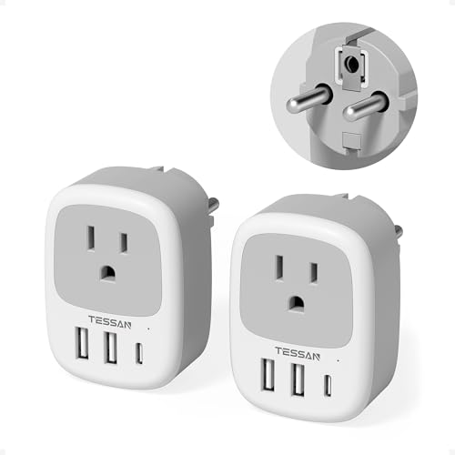 2 Pack Type E F Plug Adapter TESSAN South Korea Outlet Adapter with 3 USB Ports (1 USB C) Schuko Travel Plug for US to Europe EU Spain Germany France Iceland Greece Russia Norway