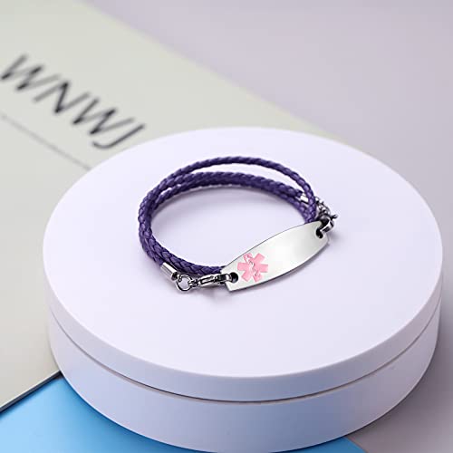 Personalized Medical Alert Bracelets for Women Men - Free Custom Engraving Medical ID Bracelets for Women 3-Layers Black Braided Leather Link Medical Bracelets 6.2-8.5 Inches3