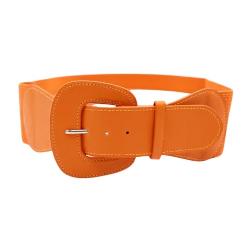 Women’s Orange Wide Elastic Waist Belt Big Buckle Fashion Stretch Band Faux Leather Size S M (27"–37") WB252