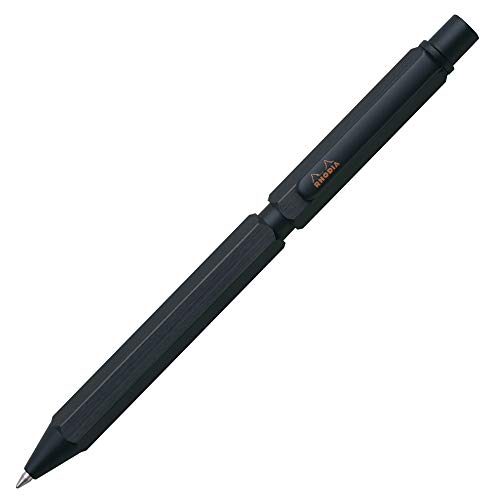 RHODIA 9342C - 3 en 1 scRipt Multipen - 2 bolígrafos de 0,5 mm negro y rojo + 1 portaminas de grafito de 0,5 mm - Cuerpo hexagonal de aluminio cepillado negro - Recargable - Borrador bajo el empujador