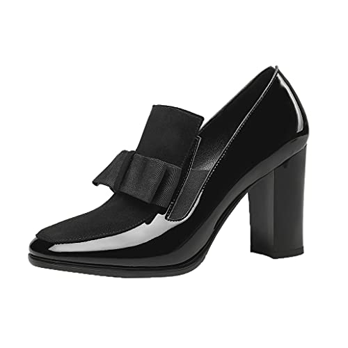 Shinelly Women High Heel Chunky Loafers Patent Leather Pumps with Bow2