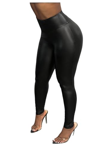 WDIRARA Women's Faux Leather Leggings High Waisted Stretchy Skinny Date Night Pants Black Medium