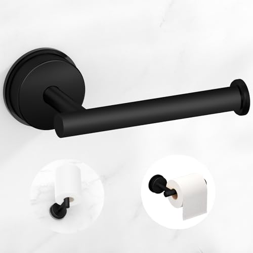 Toilet Paper Holder Wall Mounted Suction Cup Toilet Paper Holder for Bathroom SUS304 Stainless Steel Rustproof Toilet Roll Holder No Drill No Adhesive Removable No Trace Space Saving (Black)