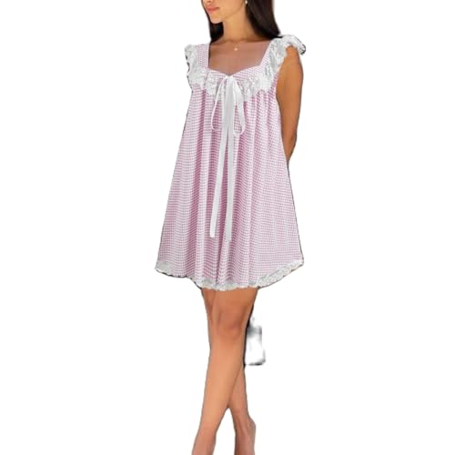 Image of NUFIWI Y2K Ruffle Hem Babydoll Mini Dresses Square Neck Spaghetti Strap Short Dresses Boho Flowy Patchwork Sundress Vocation