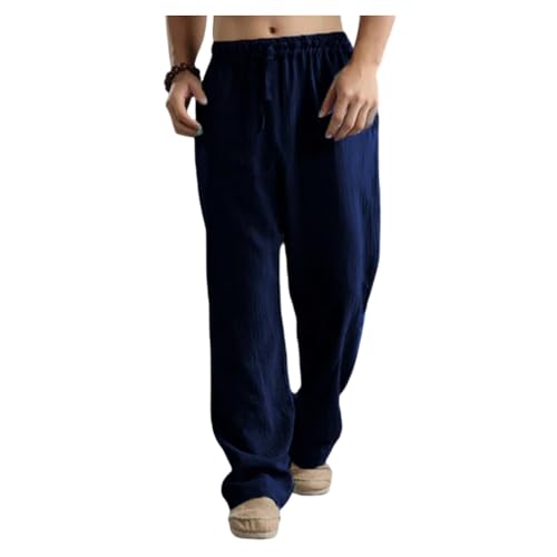 Men's Casual Linen Pants Elastic Waist Drawstring Lightweight Beach Summer Pants Straight-Legs Loose Trousers