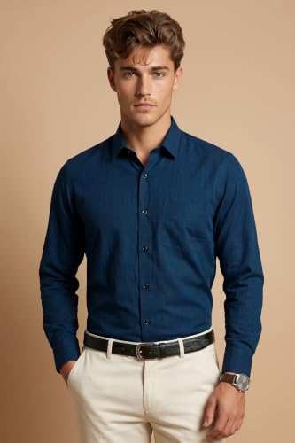 Image of Peter England Men's Everday Regular Fit Solid Shirt | Cotton Rich | 5-Pin Pocketing