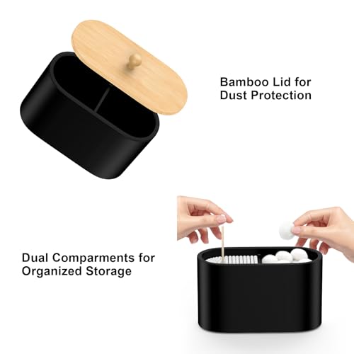 Image of Cotton Swab Holder,Round Cotton Pads Balls Qtip Holder Dispenser with Lid, 2 Compartments Qtips Holder, Tampoms Period Box Bathroom Organizers Storage Bin Floss Dispenser Vanity Cosmetics, Black