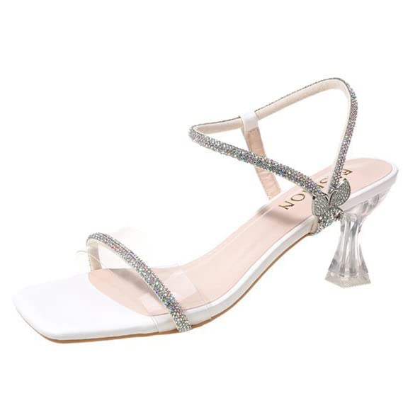 BAtlam Tacchi Alti da Donna, Sandali A Spillo, Sandali da Festa A Punta Aperta con Tacco Medio E Basso, Sandali con Tacco Basso A Punta Quadrata, Scarpe Eleganti da Sposa con Tacco Alto,Bianca,35