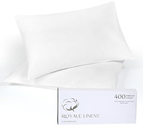 Image of Royale Linen 400 Thread Count 100% American Grown Cotton Standard Pillowcase Set - Luxury Sateen Standard Pillow case - 20 inchx26 inch Inch - Soft & Smooth Set of 2 White Pillowcases - (Std, Signature White)