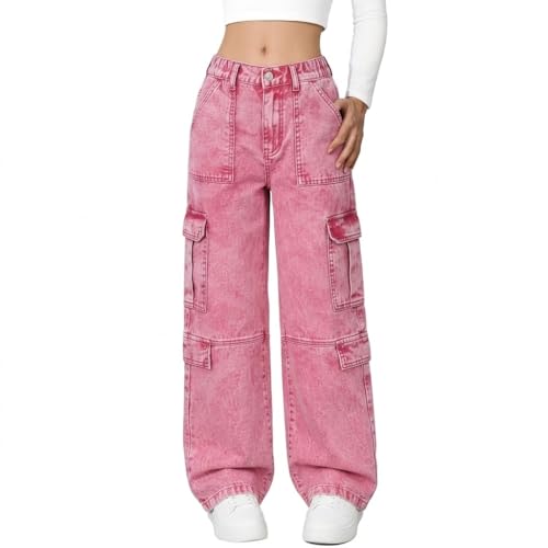 Tenfinordi Girls Cargo Baggy Jeans Y2K Straight Wide Leg Cargo Denim Pants - Kids Multi Pockets Elastic Waistband & Button Tween School Trendy Streetwear Trousers Pink Size 12