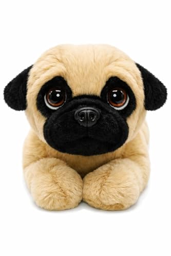 STUWU Plüschtier Mops 23 cm liegender Kuschelhund superweich süßer Plüschhund Stofftier für Kinder & Hundeliebhaber