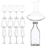 Set Completo di calici vino e fluit bicchieri acqua con decanter e bottiglia per una Tavola elegante 4 persone posti tavola 14 Pezzi in Vetro Design Modernoper Cena, Festa, Ricevimenti
