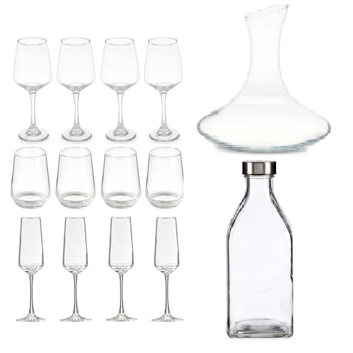 Set Completo di calici vino e fluit bicchieri acqua con decanter e bottiglia per una Tavola elegante 4 persone posti tavola 14 Pezzi in Vetro Design Modernoper Cena, Festa, Ricevimenti