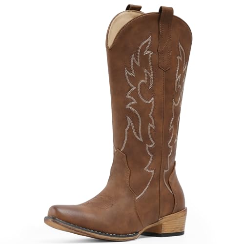 Image of IUV Cowboy Boots for Women Mid Calf Fashion Cowgirl Boots with Embroidery Western Snip Toe