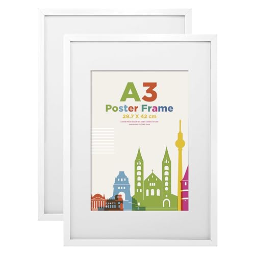 Egofine Cornice portafoto A3, in legno A3, con vetro acrilico, per foto DIN A4, per montaggio a parete, 29,7 x 42 cm, per ritratti, casa, ufficio, bianco, 2 pezzi