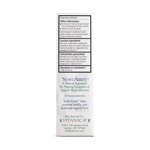 Image of Vitanica Yeast Arrest, Homeopathic Vaginal Suppositories,Yeast Infection Symptoms, Relieves Burning, Itching & Discharge, with Boric Acid, Tea Tree Oil & Probiotics, Vegan (Yeast Arrest Pro Logo, 14)