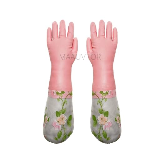 Image of Reusable Heavy Duty Hand gloves for Dishwashing, gardening, kitchen cleaning Non-Slippery & Durable Long Elbow Length(Inner cotton lining for comfort), 1 Pair (Vel Light Pink)