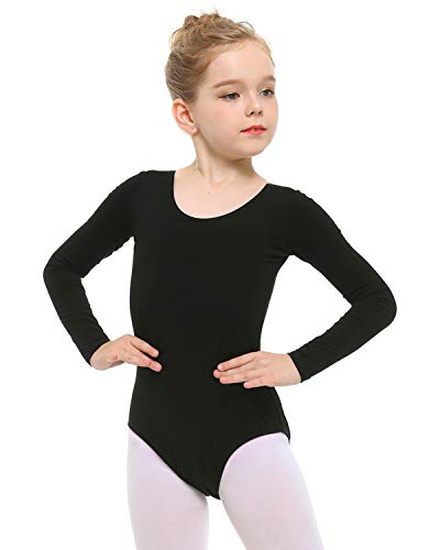 STELLE Girls Long Sleeve Team Basic Leotard Ballet Dance Gymnastics (Black, 7-8 Years)