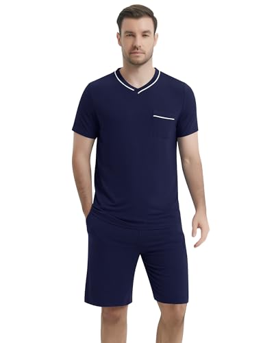 Image of NACHILA Pajamas Set for Men-Viscose Made from Bamboo, Short Sleeve Sleepwear Cool Pjs with Shorts Pants Soft Loungewear