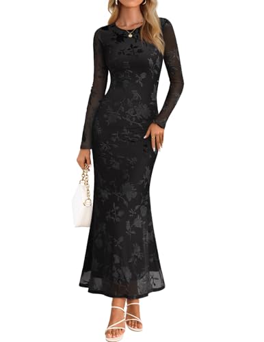 MEROKEETY Women's Fall Formal Wedding Guest Dress Long Sleeve Maxi Bodycon Floral Mesh Winter Cocktail Party Dresses, Black, Small