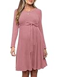 FMEYOA Vestido de maternidad para mujer, casual, cuello redondo, manga larga, vestidos de embarazo para otoño e invierno, ropa de embarazada S-XXL, Rosado oscuro, XL