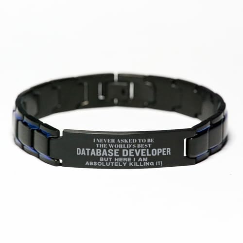 Christmas Database Developer Engraved Black Metal Bracelet for Men, I Never Asked to be The World's Best Database Developer but here I am Killing it! Adjustable Database Developer Birthday Gradua