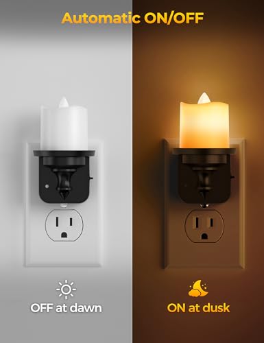 Image of Briignite Flameless Candle Night Lights, Amber Plug-in 2 Pack, LED Candle with Light Sensor, 0-100LM Dimmable, Kids Hallway Bathroom Nightlight