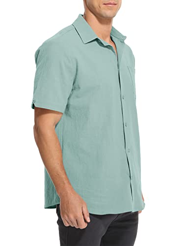 Tureface Cotton Linen Shirt For Men Short Sleeve Button Front Relaxed Fit Collared Casual Shirts Light Blue #TOP1