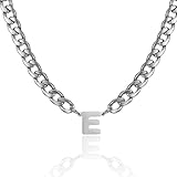AFSTALR Collar con Colgantes Iniciales Hombre Plata Cadenas Acero Inoxidable Cadena Cubana con Letra Inicial E Regalos de Joyería Personalizados para Hombres y Niños 50CM