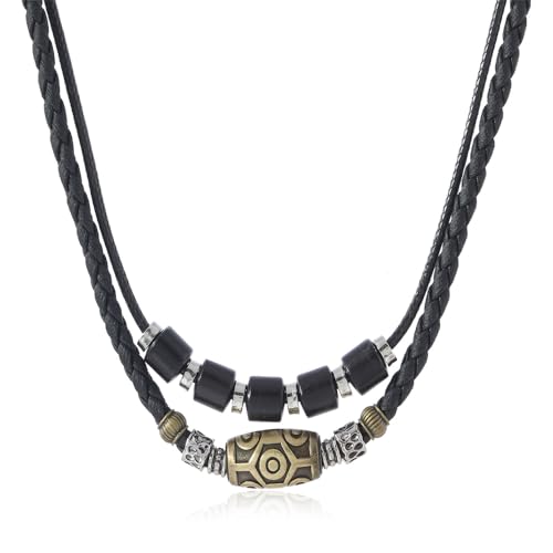 Double Layers Braided Black Leather Meatal Beaded Necklace with A Big Oval Metal Bead Simple Stylish for Summer Beach Surfer