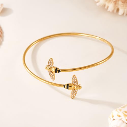 Honey Bee Bracelet for Women 18k Gold Plated Stainless Steel Dainty Crystal Bumble Cute Insect Animal Cuff Bracelet Wedding Prom Office Wear Lightweigh Hypoallergenic Chic Jewelry for Mother Friends3
