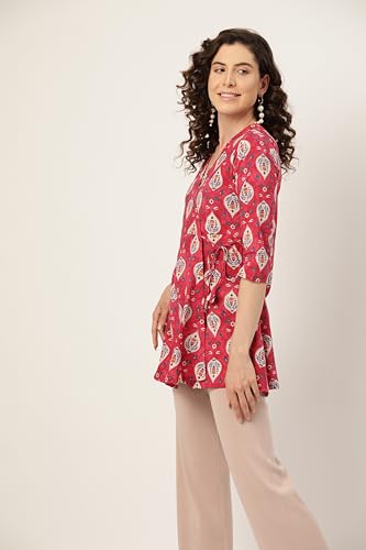 Image of feranoid Floral Print Angrakha 3 Sleeves Flared Kurti