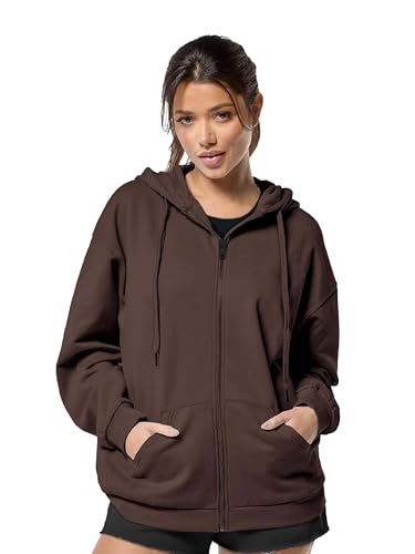 Image of DROBE Relaxed Fit Plain Cotton Blend Full Sleeves Hodded Zipper Jacket for Women