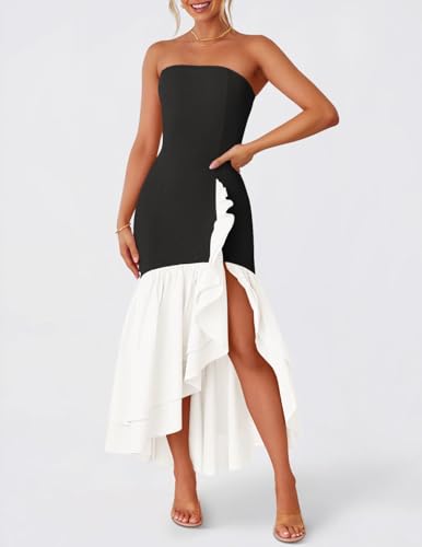 ZESICA Women's 2025 Summer Strapless Bodycon Maxi Dress Ribbed Sexy High Split Mermaid Prom Party Dresses2