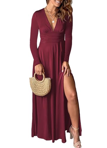 Yuopeid Women's Autumn Long Sleeve Sexy Deep V Neck Solid Color Dress Pleated High Waist Sexy Slit Party Evening Maxi Long Dress Red M