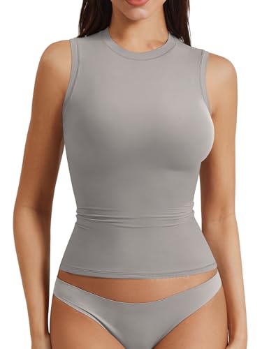Image of YEOREO Women Basic Mock Neck Workout Crop Top Sleeveless Double Lined Tank Tee Slim Fitted Ruched Going Out Camisole