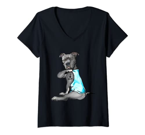 Mujer Regalos divertidos para mujer perro Pitbull I Love Mom tatuaje regalo Camiseta Cuello V