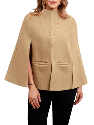Image of Cicy Bell Womens Cape Pea Coat Work Casual Split Long Sleeve Coat Stand Collar Open Front Fall jacket