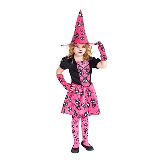 Rubies Disfraz Bruja Mininos Rosa para niña, Vestido de brujita color naranja con estampado de gatitos y sombrero a juego, Original, halloween, carnaval y cumpleaños