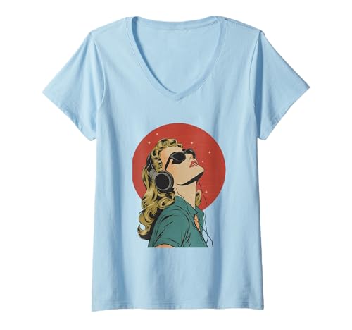 Mujer Auriculares retro vintage para amantes de la música electrónica Camiseta Cuello V