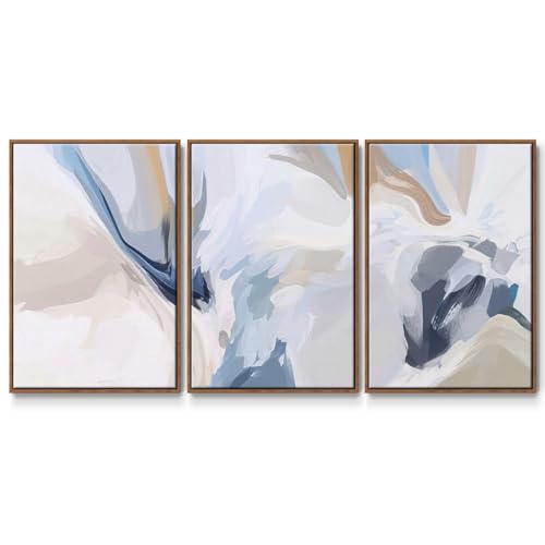 Renditions Gallery Abstract Wall Art White Blue Fresh Air Painting Modern Artwork Canvas Prints Wall Decorations for Bedroom and Bathroom-Walnut Floater Frame-16”x24”x3 Panels, LS015