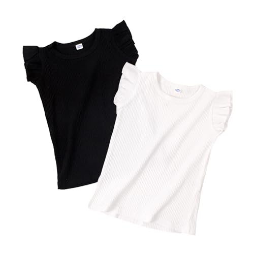 Magic Park 2-6Y Baby Girl Ribbed T Shirt Toddler Girls Knit 2-Piece Tee Tops Kids Solid Color Ruffle Blouse