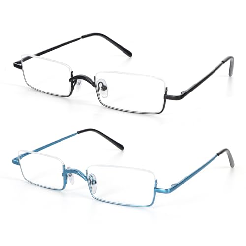 KoKoBin Half Reading Glasses 2 Pairs Square Half Rim Metal Frame Glasses Spring Hinge Readers for Men and Women(Black+Blue 2.00)