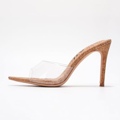 Cape Robbin Women's Clear Heels Sandals | 3.75 Inch Stiletto Open Toe | PU Leather Memory Foam Insole & Cork Heel | Pointed Toe Dressy Mules (Melrose.a)3