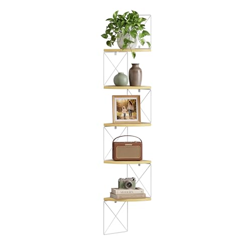VASAGLE Estantería de Pared de Esquina con 5 Estantes, Librería de Esquina, Montaje Fácil, para Dormitorio, Sala de Estar, Baño, Cocina Estudio, Marrón Roble y Blanco Mate LLS851YD01